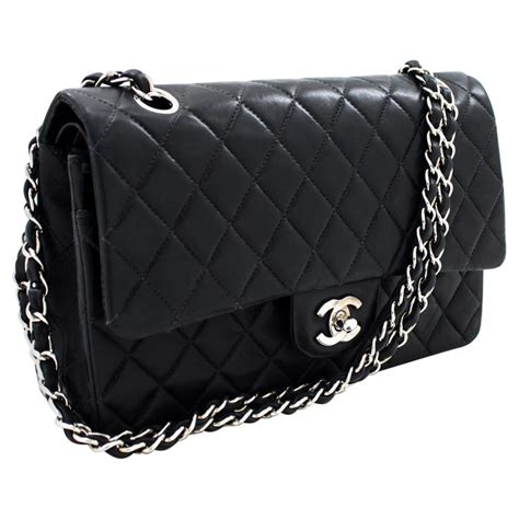 black chanel bag silver chain|black chanel leather shoulder bag.